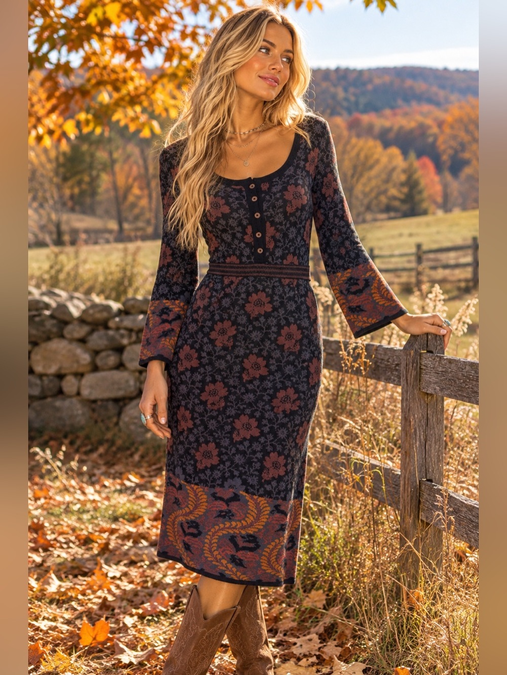 Peruvian Connection XS S Floral Pima Cotton Wool Knit Midi Dress Boho Hippie